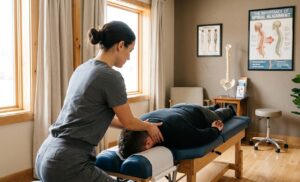 chiropractor performing spinal adjustment on patient